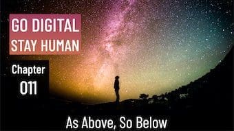 A person standing under a night sky with the words go digital stay human