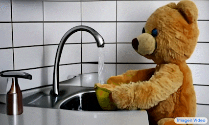 Still from "A teddy bear washing dishes,"​ as generated by Google Imagen Video.
